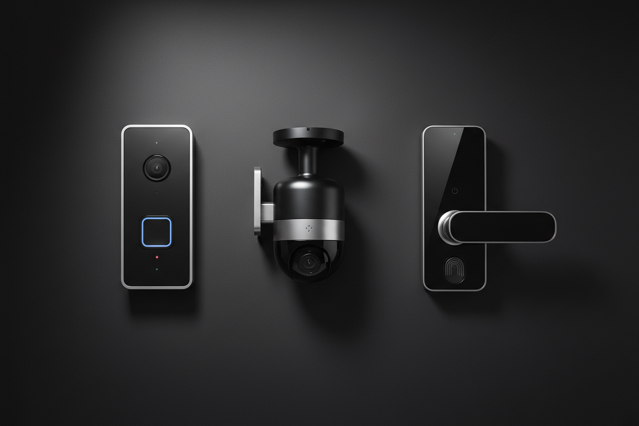CCTV CAMERA, VIDEO DOORBELL AND SMART DOOR LOCK FLATLAY ON DARK SURFACE