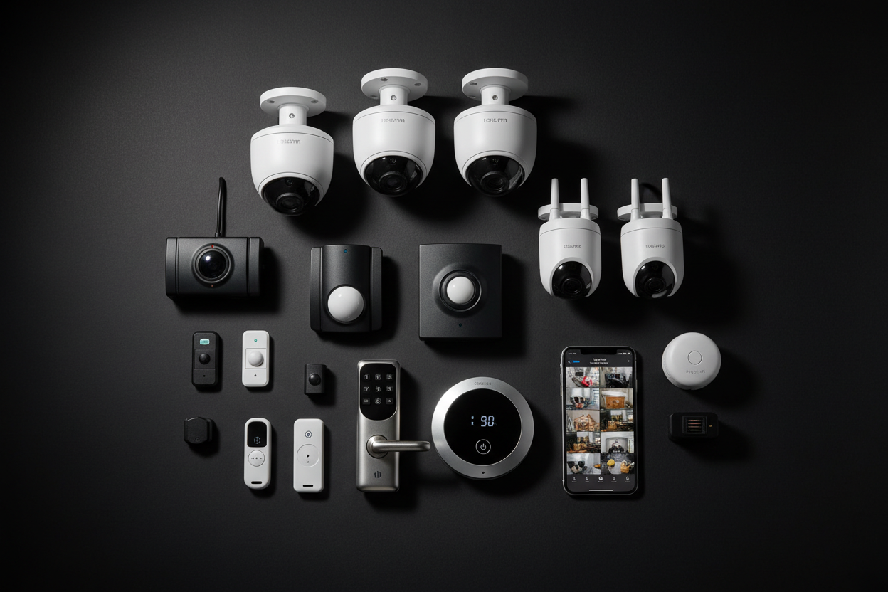 SECURITY PRODUCTS FLATLAY ON A DARK BACKGROUND